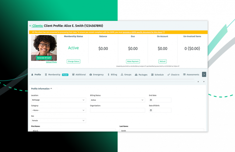 detail screenshot of the client profile admin screen